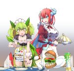  2girls absurdres apron bangs blue_eyes blue_hair breasts detached_collar dragon_girl dragon_horns dragon_tail duel_monster food gradient gradient_background green_hair highres holding holding_tray horns hungry_burger juliet_sleeves kitchen_dragonmaid long_hair long_sleeves macaron maid maid_apron multicolored_hair multiple_girls noagen open_mouth parlor_dragonmaid plate puffy_short_sleeves puffy_sleeves red_hair short_sleeves spoon streaked_hair tail teapot thighhighs tiered_tray tray vase wrist_cuffs yu-gi-oh! 