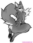  2022 anthro artist_name ben_day_dots breasts butt canid canine claws dated falvie female fox greyscale hi_res hindpaw inner_ear_fluff looking_at_viewer mammal monochrome nude open_mouth pawpads paws raised_tail rear_view shaded simple_background solo toe_claws tuft whiskers white_background 