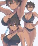  :q absurdres akazuan_19 armpits bikini black_bikini breasts dark_skin ear_piercing food highres kurobe_natsumi_(shiromanta) piercing popsicle presenting_armpit senpai_ga_uzai_kouhai_no_hanashi short_hair slit_pupils swimsuit tan tongue tongue_out twitter_username 