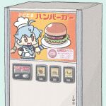  ahoge blue_hair burger chef_hat commentary_request ferretsan7 food hat kantai_collection long_hair no_humans sado_(kancolle) school_uniform serafuku toque_blanche translation_request vending_machine 