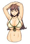  1girl armpits arms_up bangs bikini bikini_top_only breasts brown_eyes brown_hair cleavage collarbone cropped_torso dyun front-tie_bikini front-tie_top green_bikini halterneck highres huge_breasts kantai_collection long_hair looking_away navel ooi_(kancolle) parted_lips simple_background skindentation solo stomach string_bikini swimsuit underboob white_background 
