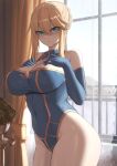  1girl artoria_pendragon_(fate) artoria_pendragon_(lancer)_(fate) bangs bare_shoulders blonde_hair blue_gloves blue_leotard braid breasts cleavage closed_mouth covered_navel cowboy_shot curtains detached_collar elbow_gloves eyebrows_visible_through_hair fate/grand_order fate_(series) french_braid gloves gold_trim green_eyes hair_between_eyes hair_bun hands_on_own_chest highleg highleg_leotard highres indoors kakeku large_breasts leotard looking_at_viewer sidelocks solo wide_hips window 