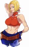 1girl armpits arms_behind_head arms_up baggy_pants belt beltskirt blonde_hair blue_eyes blue_mary bob_cut breasts closed_mouth crop_top fatal_fury fingerless_gloves from_side futabamidori gloves highres jewelry large_breasts linea_alba looking_at_viewer loose_belt medium_hair midriff navel necklace pants red_shirt shirt simple_background sleeveless smile solo star_(symbol) straight_hair the_king_of_fighters the_king_of_fighters_xv turtleneck white_background 