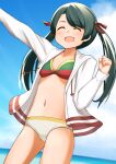  1girl alternate_breast_size arm_up beach bikini black_hair blue_sky breasts closed_eyes cloud commentary_request cowboy_shot day highres horizon jacket kantai_collection long_hair mikuma_(kancolle) mismatched_bikini open_mouth outdoors sky small_breasts smile solo standing swimsuit twintails white_jacket yotubawatane 