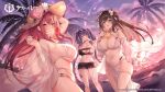  3girls :d :q animal_ears arm_up azur_lane bare_shoulders beach bikini bikini_skirt bird black_bikini black_hair breasts chick choker cleavage cleavage_cutout closed_mouth clothing_cutout cow_ears cow_horns criss-cross_halter eyewear_on_head flower food from_side green_eyes hair_flower hair_ornament halter_top halterneck hat hat_flower highres holding horns kashino_(azur_lane) large_breasts manjuu_(azur_lane) meteor_shower midriff multi-strapped_bikini multiple_girls navel off_shoulder official_alternate_costume official_art open_mouth outdoors palm_tree pelvic_curtain pola_(azur_lane) popsicle purple_eyes purple_hair red_eyes red_hair see-through smile sora_72-iro standing stomach straw_hat string_bikini sunglasses surcouf_(azur_lane) surcouf_(loisirs_balneaires)_(azur_lane) swimsuit thigh_strap thighs tongue tongue_out tree twintails white_bikini white_choker 