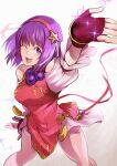  1girl arm_up asamiya_athena bangs bare_shoulders beads blue_background breasts china_dress chinese_clothes dress eyebrows_visible_through_hair fingerless_gloves futabamidori gloves hair_ribbon hairband highres looking_at_viewer medium_breasts one_eye_closed open_mouth purple_eyes purple_gloves purple_hair red_dress ribbon short_hair short_shorts shorts simple_background smile solo sparkle star_(symbol) the_king_of_fighters the_king_of_fighters_xv white_ribbon 