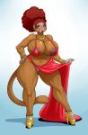  anthro areola big_breasts bottomwear breasts brown_body brown_fur clothed clothing clothing_lift ear_piercing ear_ring female fur genitals haplorhine hi_res jewelry mammal monkey necklace nightfaux no_underwear piercing primate pussy skirt skirt_lift solo 
