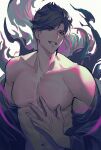  1boy bangs bare_pectorals belial_(granblue_fantasy) black_hair black_jacket feather_boa granblue_fantasy hand_on_own_chest highres jacket lalatia-meai looking_at_viewer male_focus navel nipples off_shoulder open_clothes open_jacket pectorals short_hair smile solo teeth toned toned_male upper_body 