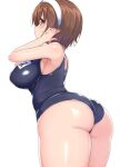  1girl ass bangs black_swimsuit blush breasts brown_eyes brown_hair commentary_request hair_between_eyes hairband highres kantai_collection kurokoshou_(emuburemu123) large_breasts natori_(kancolle) one-piece_swimsuit profile school_swimsuit shiny_swimsuit short_hair simple_background solo swimsuit white_background white_hairband 