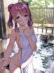  1girl absurdres arm_between_breasts between_breasts blush breasts closed_mouth covering cowboy_shot double_bun hand_on_own_chest highres holding_hands kantoku kurumi_(kantoku) large_breasts looking_at_viewer medium_hair naked_towel nude_cover onsen original outdoors pink_eyes pink_hair pov scan short_twintails sidelocks smile solo_focus standing steam towel twintails wet 