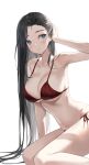  1girl absurdres arm_up armpits bare_arms bare_shoulders bikini black_hair blue_eyes breasts churi_(oxxchurixxo) cleavage highres large_breasts long_hair looking_at_viewer navel original red_bikini side-tie_bikini sitting smile solo stomach string_bikini swimsuit thighs very_long_hair 