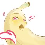  artist_name banana blush breath face food food_with_face fruit furrowed_brow heart heart-shaped_pupils highres looking_at_viewer mole mole_under_eye naughty_face no_humans nose_blush open_mouth original peasantnanodesu pink_eyes signature simple_background sweat symbol-shaped_pupils teeth tongue upper_teeth white_background 