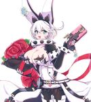  1girl ahoge animal_ears aqua_eyes belt black_gloves black_legwear blush bracelet breasts chemaru_(a8l) cleavage clover collar dress elphelt_valentine eyebrows_visible_through_hair eyelashes fake_animal_ears fingerless_gloves fingernails flower gloves guilty_gear guilty_gear_xrd gun hair_between_eyes handgun holding holding_gun holding_weapon huge_ahoge jewelry large_breasts looking_at_viewer open_mouth rabbit_ears red_flower red_ribbon red_rose ribbon rose short_hair simple_background solo spiked_bracelet spiked_collar spikes tiara torn torn_clothes weapon wedding_dress white_background white_hair 