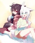  2girls ahoge animal_ears bangs black_hair blush braid commentary_request cup ear_down eyebrows_visible_through_hair fox_ears fox_girl fox_tail green_eyes hair_between_eyes highres holding holding_cup holding_tail hololive knees_up kurokami_fubuki long_hair looking_at_another multiple_girls negi_(ulog&#039;be) open_mouth orange_shorts pentagram red_eyes shirakami_fubuki shirt short_shorts shorts sidelocks signature single_braid sitting tail virtual_youtuber wariza white_hair white_shirt 