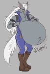  anthro belly big_belly bloated bodily_fluids boots canid canine canis chest_tuft clothing eggo21 footwear fur grey_body grey_fur hair hi_res long_hair male mammal pecs pretty_cure rumbling_stomach sharp_teeth solo sweat teeth tuft white_hair wolf wolfrun 