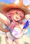  1girl animal_ear_fluff animal_ears armpits bangs bikini blue_bikini blush breasts closed_eyes covered_nipples fangs fate/grand_order fate_(series) fox_ears fox_girl fox_tail hair_between_eyes highres large_breasts long_hair open_mouth pink_hair see-through see-through_shirt shirt sidelocks smile solo swimsuit tail tamamo_(fate) tamamo_no_mae_(swimsuit_lancer)_(fate) teeth wet wet_clothes wet_shirt wisespeak 