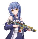  1girl apex_legends assault_rifle belt blue_choker blue_hair blue_jacket choker collarbone dress grey_belt gun head_tilt holding holding_gun holding_weapon jacket off-shoulder_jacket off_shoulder orange_eyes original parted_lips r-301_carbine rifle smile solo symbol-only_commentary trigger_discipline weapon white_background white_dress zran 