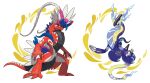  2022 alpha_channel ambiguous_gender anthro blue_body duo feathers feral futuristic grey_body hi_res horn ken_sugimori koraidon legendary_duo legendary_pok&eacute;mon membrane_(anatomy) miraidon multicolored_body nintendo official_art pok&eacute;mon pok&eacute;mon_(species) purple_body red_body scales simple_background transparent_background video_games webbed_feet white_body 