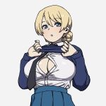  1girl bangs blonde_hair blue_eyes blue_sweater braid breasts cleavage clothes_lift darjeeling_(girls_und_panzer) eyebrows_visible_through_hair girls_und_panzer highres large_breasts looking_at_viewer onsen_tamago_(hs_egg) open_clothes open_shirt school_uniform short_hair solo st._gloriana&#039;s_school_uniform sweater sweater_lift twin_braids white_background 