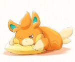  ;&lt; brown_eyes closed_mouth commentary_request cushion kinakomochi_(kazuna922) looking_at_viewer lying no_humans on_stomach one_eye_closed pawmi pokemon pokemon_(creature) solo white_background 