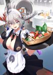  1girl alcohol apron azur_lane beer beer_mug between_breasts black_dress black_necktie breasts cleavage commentary_request cup demon_horns detached_collar dress earrings food frilled_apron frills gloves grey_eyes grey_hair hakuryuu_(azur_lane) hakuryuu_(slice_dice_and_serve)_(azur_lane) hand_on_hip highres holding holding_tray horns jewelry large_breasts long_hair looking_at_viewer maid maid_apron maid_headdress mole mole_on_breast mug multiple_horns necktie necktie_between_breasts oni_horns open_mouth plate plunging_neckline ponytail red_horns sashimi sharp_teeth shimotsuki_shio short_sleeves slit_pupils solo tassel teeth tray v-shaped_eyebrows waist_apron white_gloves wing_collar 