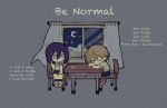  1boy 1girl bangs black_pants chainsaw_man chair chalk chibi cloud collared_shirt crescent_moon curtains desk green_eyes hair_between_eyes hand_on_own_knee highres long_bangs looking_at_another moon night no_mouth one_eye_closed pants purple_hair school school_chair school_desk shirt short_hair shorts sidelocks sitting sleeping sleeping_with_eyes_open sleeves_rolled_up star_(sky) ttt75966067 white_shirt window 