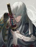  1boy armor bad_link bangs beads blood chorefuji closed_eyes closed_mouth commentary_request grey_background grey_hair hair_between_eyes holding holding_sword holding_weapon japanese_armor japanese_clothes kousetsu_samonji long_hair male_focus shoulder_armor solo sword touken_ranbu weapon 