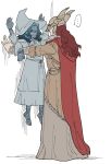  2girls armor barefoot blue_eyes blue_hair blue_skin boned-woo cape cloak closed_mouth colored_skin covered_eyes cracked_skin dress elden_ring extra_arms extra_faces family fur_cloak hat helmet highres holding how_to_talk_to_short_people_(meme) joints long_hair malenia_blade_of_miquella mechanical_arms meme multiple_girls one_eye_closed prosthesis prosthetic_arm prosthetic_leg ranni_the_witch red_cape red_hair siblings simple_background single_mechanical_arm sisters very_long_hair weapon white_headwear winged_helmet witch_hat 