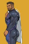  1boy artist_name ass back bara beard black_bodysuit bodysuit closed_mouth clothes_removed facial_hair jimsdaydreams labcoat large_pectorals looking_at_viewer male_focus manly muscular muscular_male orange_background pectorals pokemon pokemon_(game) pokemon_sv purple_bodysuit short_hair simple_background solo turo_(pokemon) two-tone_bodysuit undercut 