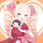  1girl beatrice_(re:zero) blonde_hair blue_eyes drill_hair hair_ornament hair_ribbon long_hair nasunasuvenus open_mouth re:zero_kara_hajimeru_isekai_seikatsu ribbon sidelocks solo stuffed_toy symbol-shaped_pupils teeth twin_drills 