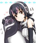  animal_costume bird black_eyes black_hair closed_mouth elbow_gloves fish gloves hanami_zonb headphones heart highres humboldt_penguin_(kemono_friends) kemono_friends kemono_friends_v_project looking_at_viewer multicolored_hair penguin penguin_costume penguin_tail shirt short_hair simple_background sleeveless sleeveless_shirt smile tail virtual_youtuber 