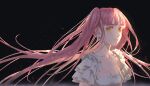  1girl backlighting black_background breasts brown_eyes chinese_commentary cleavage collarbone derivative_work dress earrings floating_hair hair_behind_ear highres jewelry kaname_madoka long_hair looking_at_viewer mahou_shoujo_madoka_magica nagy_(cindy32ok123) pink_hair solo twintails ultimate_madoka white_dress 