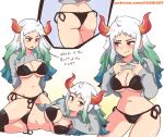  1girl ass bare_shoulders bikini breasts curled_horns dashi earrings green_hair hair_ornament hair_stick highres horns jewelry long_hair looking_at_viewer multicolored_hair multicolored_horns one_piece oni red_horns solo sweater swimsuit white_hair yamato_(one_piece) 