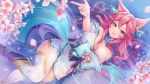  1girl ahri_(league_of_legends) animal_ears bangs bare_shoulders bell blue_eyes bow breasts cherry_blossoms cleavage detached_sleeves facial_mark fox_ears fox_tail green_kimono green_ribbon hair_ribbon highres japanese_clothes kimono large_breasts league_of_legends long_hair looking_at_viewer lying momoirone nail_polish on_back pink_hair pink_nails ribbon smile solo spirit_blossom_ahri tail thighhighs whisker_markings white_legwear 