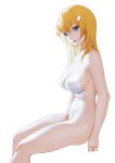  1girl absurdres blonde_hair blue_eyes breasts egk513 eyebrows_visible_through_hair hair_between_eyes hair_ornament highres large_breasts long_hair looking_at_viewer one-piece_swimsuit open_mouth original simple_background sitting solo swimsuit thighs white_background white_swimsuit 