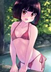  1girl akemiho_tabi_nikki arm_support bikini black_hair bob_cut breasts commentary_request cowboy_shot fukube_tamaki highres kouno_hikaru onsen original polka_dot polka_dot_bikini red_bikini red_eyes short_hair side-tie_bikini small_breasts solo swimsuit 