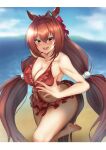  1girl animal_ears bare_shoulders barefoot beach bikini bikini_skirt blurry blurry_background blush breasts brown_hair cleavage collarbone daiwa_scarlet_(summer_suit)_(umamusume) daiwa_scarlet_(umamusume) fang frilled_bikini frills hair_between_eyes hair_bobbles hair_intakes hair_ornament hand_on_hip hand_on_own_chest highres horse_ears horse_girl large_breasts letterboxed long_hair looking_at_viewer low-tied_long_hair navel official_alternate_costume open_mouth outdoors red_bikini red_eyes red_ribbon ribbon skin_fang smile solo standing standing_on_one_leg swimsuit thighs tsukareme twintails umamusume very_long_hair 