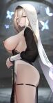  1girl absurdres aponia_(honkai_impact) bangs black_dress blonde_hair blurry blurry_background breasts cowboy_shot dress from_side grey_eyes hair_between_eyes highres honkai_(series) honkai_impact_3rd lace_trim large_breasts long_hair long_sleeves looking_at_viewer looking_to_the_side mole mole_on_breast muka_tsuku nail_polish nipples parted_lips pink_nails puffy_long_sleeves puffy_sleeves solo sparkle standing thigh_strap veil 