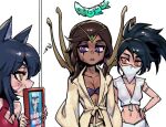  3girls ahri_(league_of_legends) akali alternate_costume animal_ears bangs bare_shoulders bikini black_hair blush breasts brown_hair cleavage collarbone dark-skinned_female dark_skin dress facial_mark floating fox_ears fox_girl hand_on_hip holding_frame karma_(league_of_legends) league_of_legends long_hair looking_at_another mask midriff mouth_mask multiple_girls navel phantom_ix_row pink_eyes ponytail red_dress shiny shiny_hair small_breasts sweatdrop swimsuit symbol-only_commentary whisker_markings 
