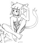  2020 akunim anthro areola breasts collar crossed_legs domestic_cat elbow_on_knee felid feline felis female looking_aside looking_away mammal markings nipples nude shadow simple_background sitting slim_female solo studded_collar whisker_markings white_background 