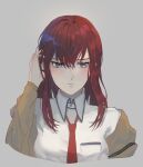  1girl absurdres blue_eyes blush breast_pocket closed_mouth collared_shirt cropped_torso frown grey_background hand_in_own_hair highres lois_(candyfx) long_hair looking_away makise_kurisu necktie pocket red_hair red_necktie shiny shiny_hair shirt solo steins;gate straight_hair upper_body white_shirt wing_collar 