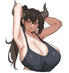  1girl armpits arms_up bangs bare_shoulders black_hair black_tank_top blush breasts cleavage collarbone cow_horns cropped_torso eyebrows_visible_through_hair furrowed_brow hair_between_eyes high_ponytail highres horns huge_breasts long_hair looking_at_viewer open_mouth original ponytail red_eyes saru_(monkey_magic3) sideboob simple_background solo sweatdrop tank_top upper_body white_background 