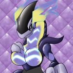  abstract_background anthro big_breasts breasts claws dragon electricity featureless_breasts female glowing hi_res looking_at_viewer machine miraidon neksu nintendo pok&eacute;mon pok&eacute;mon_(species) solo video_games 