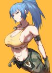  abs absurdres armlet belt blue_eyes blue_hair breasts camouflage camouflage_pants dog_tags earrings fiin36772 gloves highres jewelry leona_heidern looking_at_viewer pants ponytail pouch sideboob simple_background tank_top the_king_of_fighters the_king_of_fighters_xv toned triangle_earrings yellow_background yellow_tank_top 