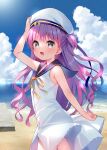  1girl :d absurdres arm_up bare_arms bare_shoulders beret blue_sailor_collar blue_sky cloud cloudy_sky collarbone commentary_request day dress grey_eyes hat highres horizon katou_umi long_hair meito_(maze) neck_ribbon ocean outdoors pink_hair ribbon sailor_collar sailor_dress sky sleeveless sleeveless_dress smile solo summer_pockets two_side_up very_long_hair water white_dress white_headwear yellow_ribbon 