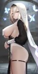  1girl absurdres aponia_(honkai_impact) bangs black_dress blonde_hair blurry blurry_background breast_curtain breasts cowboy_shot dress from_side grey_eyes hair_between_eyes highres honkai_(series) honkai_impact_3rd lace_trim large_breasts long_hair long_sleeves looking_at_viewer looking_to_the_side mole mole_on_breast muka_tsuku nail_polish nipples parted_lips pink_nails puffy_long_sleeves puffy_sleeves solo sparkle standing thigh_strap veil 