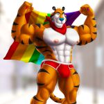  abs anthro armpit_hair big_bulge body_hair bulge clothed clothing dream_and_nightmare felid flag_(object) flexing frosted_flakes hi_res kellogg&#039;s lgbt_history_month lgbt_pride looking_at_viewer male mammal mascot muscular muscular_anthro muscular_male pantherine pecs pride_color_flag pride_colors rainbow_flag rainbow_pride_flag rainbow_symbol raised_arms red_clothing red_underwear solo solo_focus tiger tony_the_tiger underwear underwear_only 