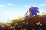  1boy blue_fur closed_eyes cloud day field flower flower_field gloves grass highres male_focus pointy_nose relaxed sitting sky smelling smile solo sonic_(series) sonic_frontiers sonic_the_hedgehog spacecolonie 