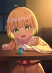  +_+ 1girl ahoge blonde_hair blush bob_cut character_request child copyright_request cowboy_shot dress female_child fingernails green_eyes highres indoors long_sleeves looking_at_object open_mouth orb short_hair solo yellow_dress yukiyama_momo 