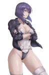  1girl arms_under_breasts ass_visible_through_thighs belt black_jacket black_leotard bob_cut breasts cleavage contrapposto cowboy_shot crossed_arms ghost_in_the_shell highleg highleg_leotard highres inverted_bob jacket kusanagi_motoko large_breasts leather leather_jacket leotard lips medium_hair nyatokanyaru open_clothes open_jacket purple_hair red_eyes simple_background solo standing thighhighs thighs two-tone_leotard white_background white_legwear white_leotard 